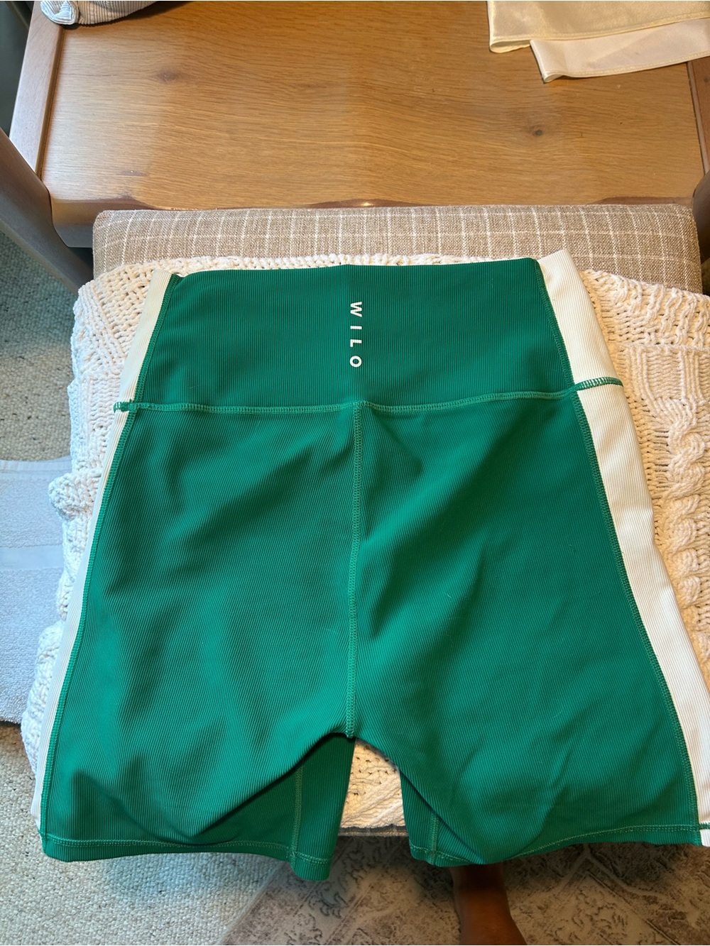 WILO The Label High-Rise Green Athletic Shorts with Cream Side Panels - Picture 2 of 3